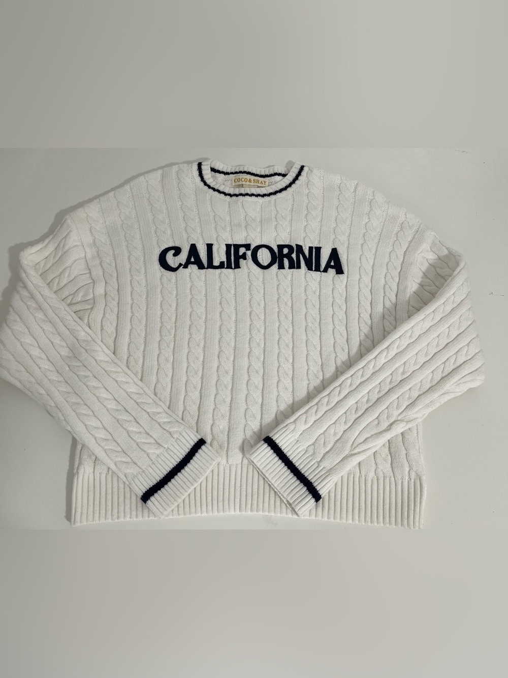 California Cable Knit Sweater XL Cream White Navy Blue PreppyCore Pullover - Picture 2 of 8